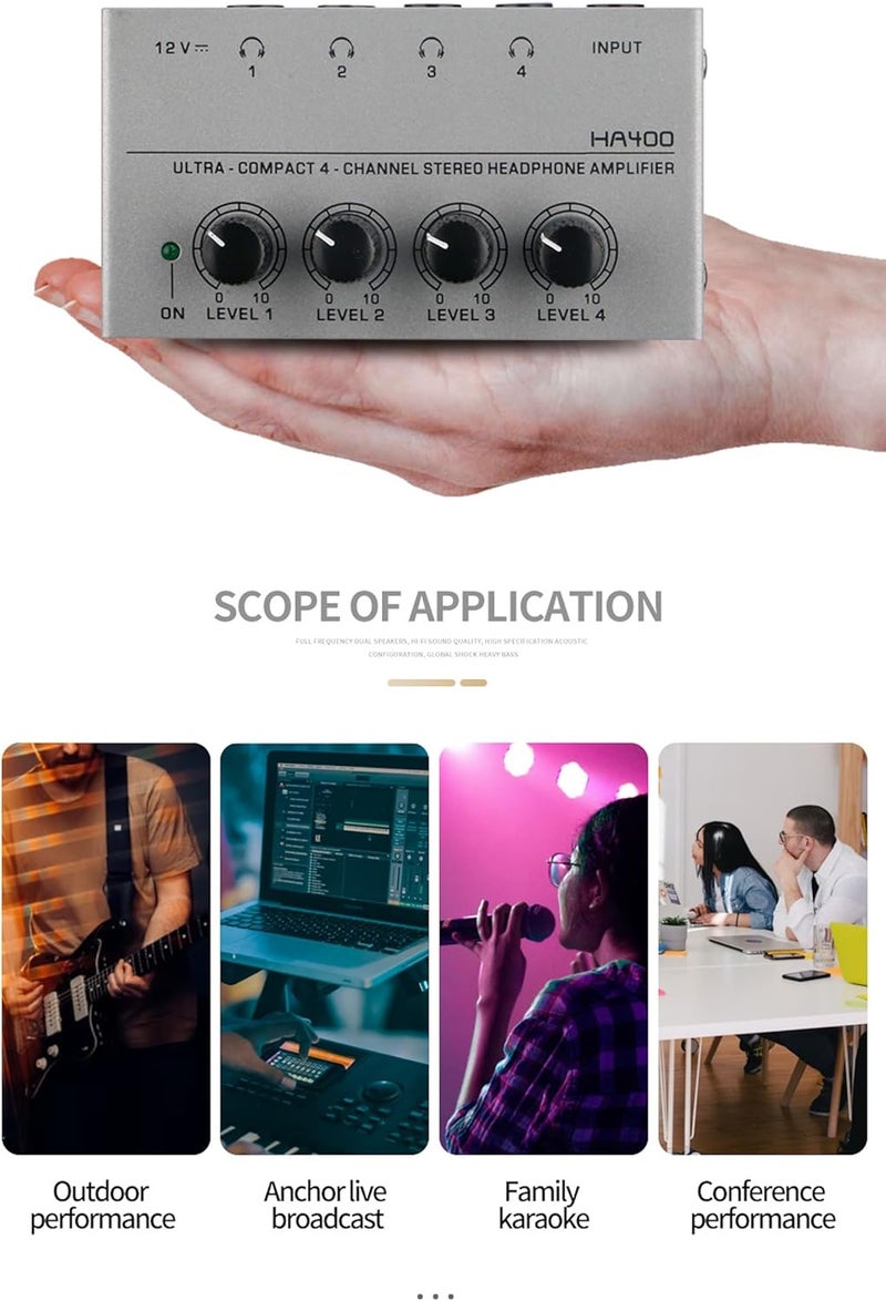 HSCLPM Headphone Amplifier with Audio Cable, HA400 4-Channel Metal Stereo Audio Amplifier, Mini Earphone Splitter W/ 1/4" TRS & DC 12V Power Adapter, for Sound Mixer PC Guitar Studio Stage (Gray) - Image 5